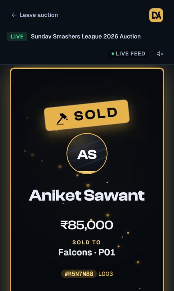 A team owner's phone as the gavel falls: a SOLD stamp, Aniket Sawant signed to Falcons for ₹85,000