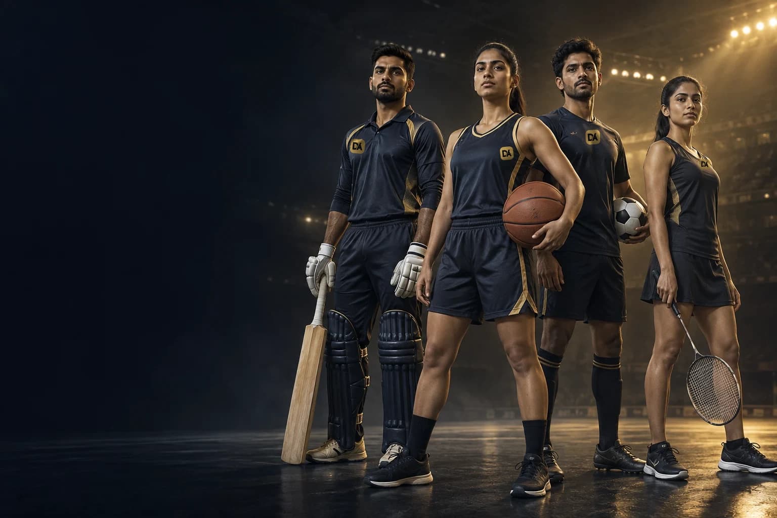 Four players in DesiAuction team kit — cricket, basketball, football and badminton
